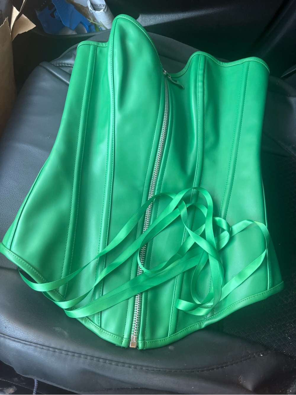 Green faux leather Corset Top with Front Zip
